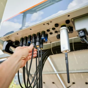 Professional worker connecting wires to solar inverter.